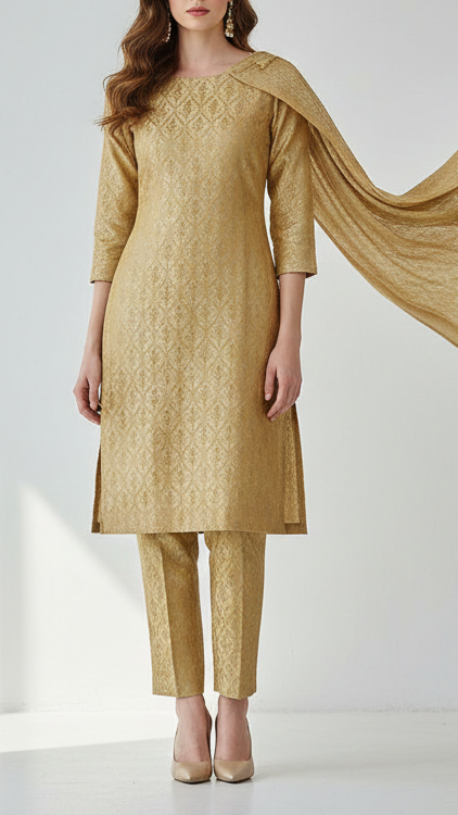 Golden Banarasi Brocade Fabric With All Over Golden Zari Handloom 16734