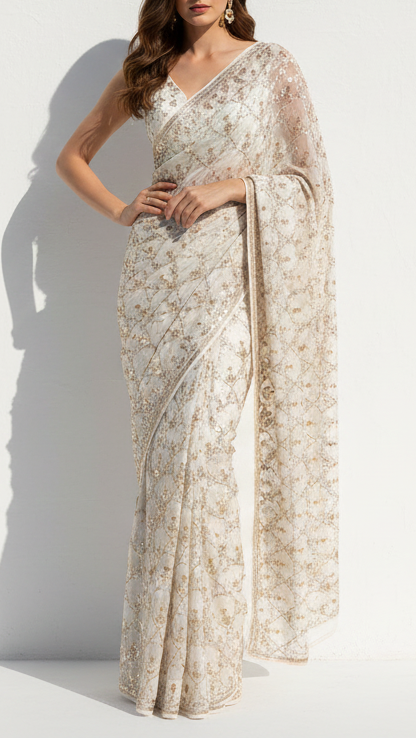 White Dyeable Crepe Fabric With All Over Zari, Katdana And Sequins Work 20972