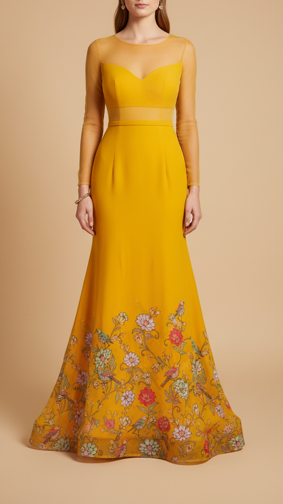 Mustard Georgette Fabric with All Over Traditional Print and Katdana, Bead and Sequins Work 19679