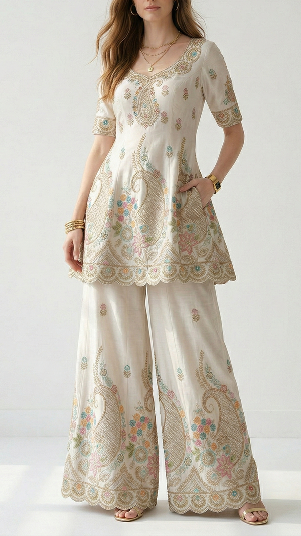 White Dyeable Dola Silk Fabric With All Over Buti Of Zari, Sequins, Bead, Katdana And Multi Color Thread Work With One Side Scalloped Border 21965