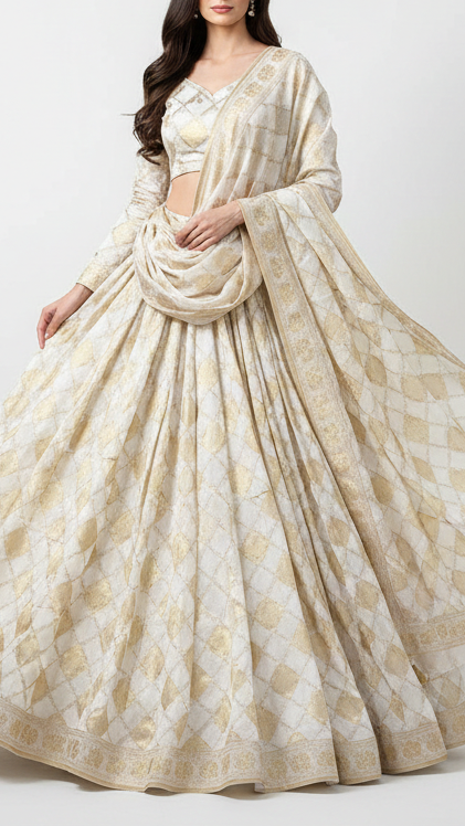 White Dyeable Organza Tissue Fabric with All Over Jaal Pattern Zari Handloom 12825