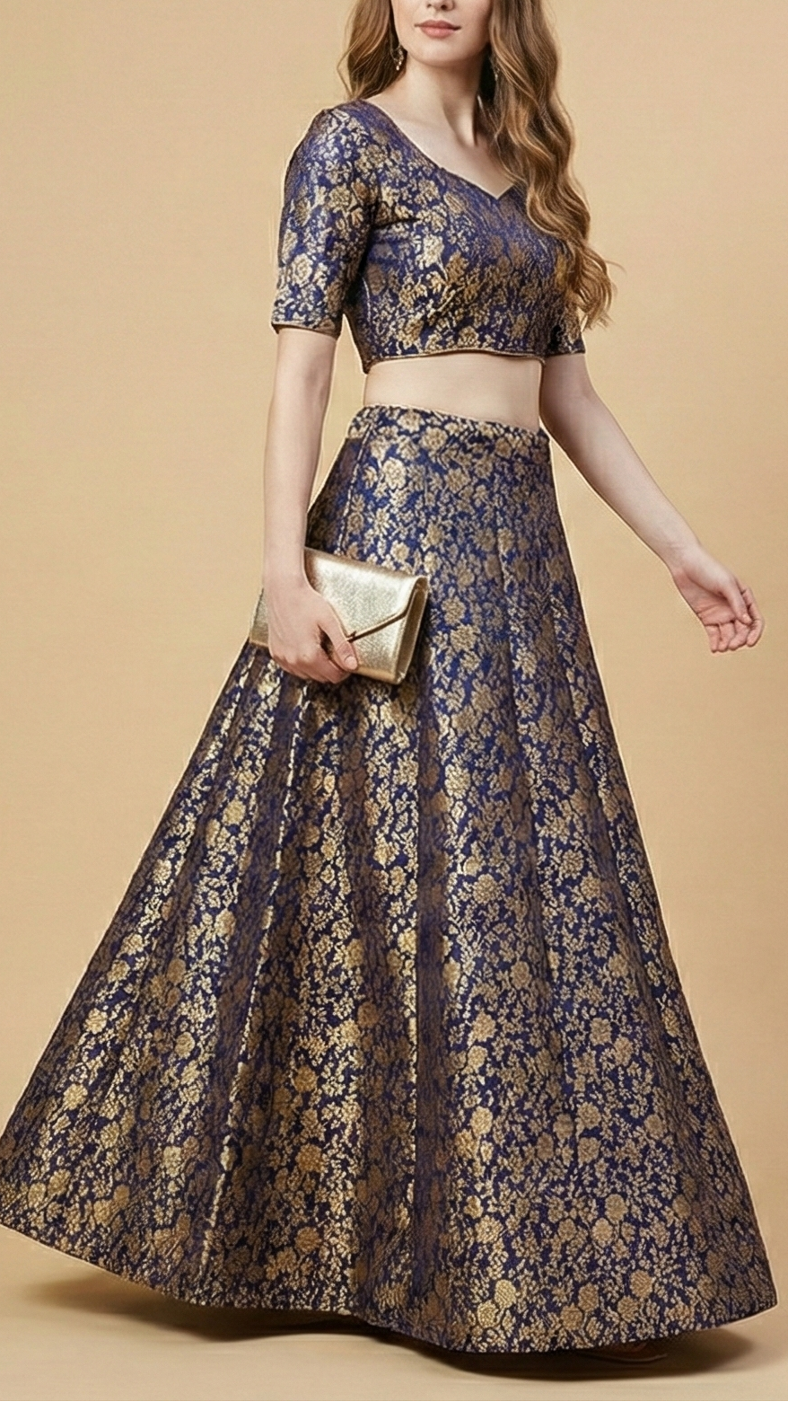 Navy Blue Banarasi Brocade Fabric With All Over Golden Zari Handloom 19469