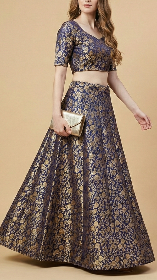 Navy Blue Banarasi Brocade Fabric With All Over Golden Zari Handloom 19469