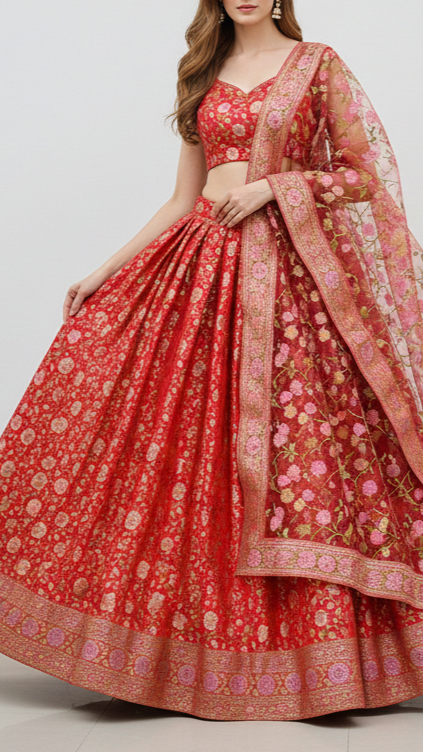 Red Banarasi Brocade Fabric With All Over Thread And Zari Handloom 21304