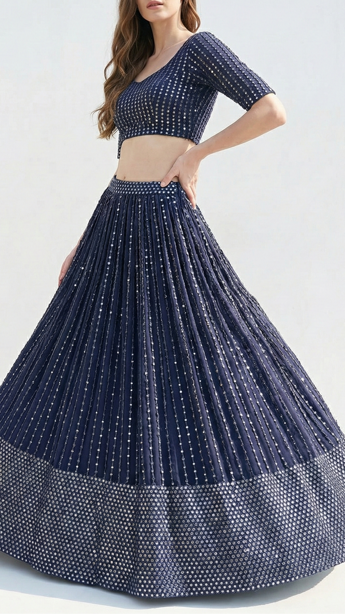Navy Blue Imported Net Fabric With All Over Laser Cutwork And One Side Border 21023