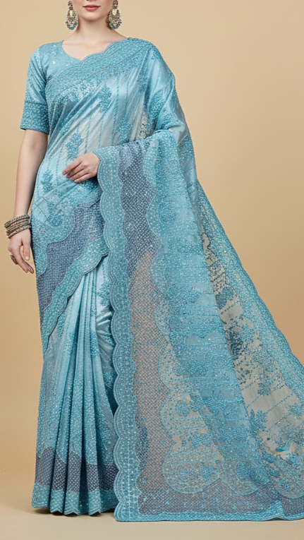 Sky Blue Imported Organza Satin Fabric with All Over Katdana, Bead & Sequins Work with One Side Cutwork and Scalloped Border 15525