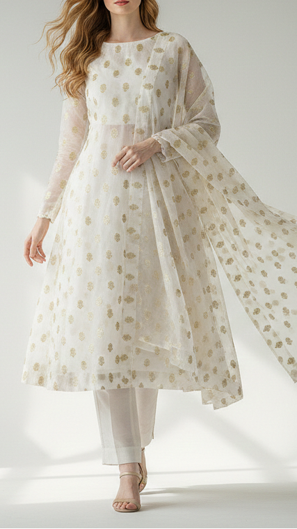 White Silk Fabric With Allover Buti With Zari Handloom 16228