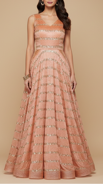 The Noor - Peach Tissue Fabric With Eternal Stripes Of Katdana, Sequins And Bead Work | 16196