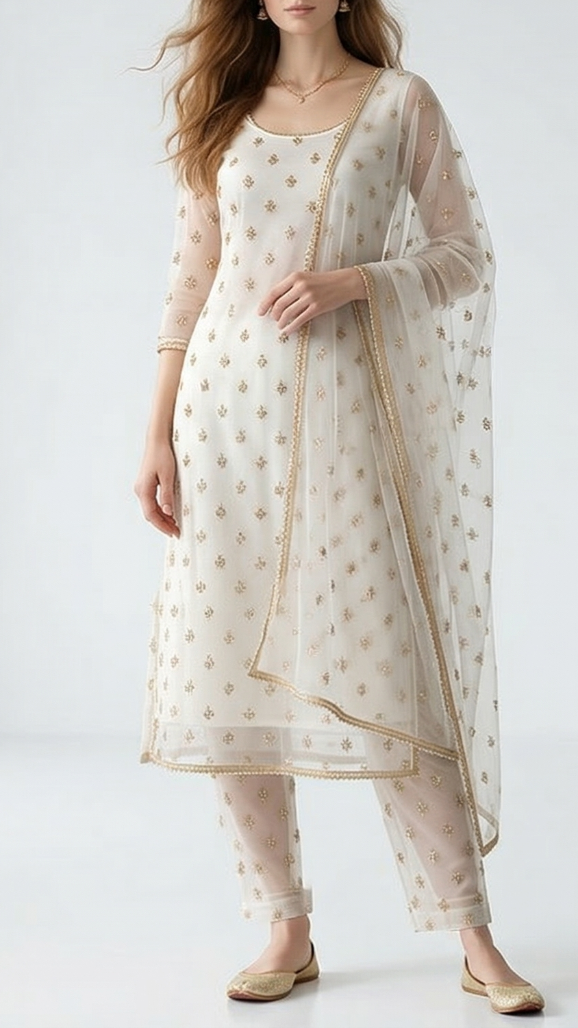 The Noor - White Organza With Timeless Golden Buti of Sequins 12302