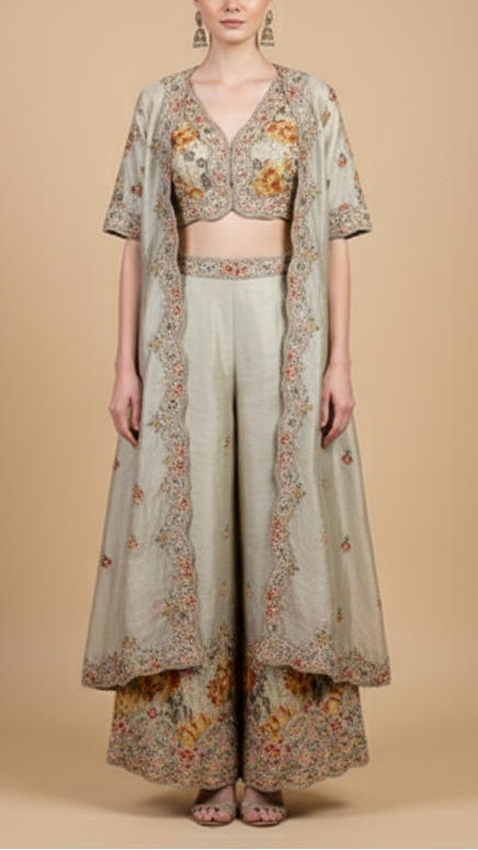 Mustard Tissue Fabric With All Over Buti Of Thread, Sequins And Katdana With One Side Heavy Work Border 16363