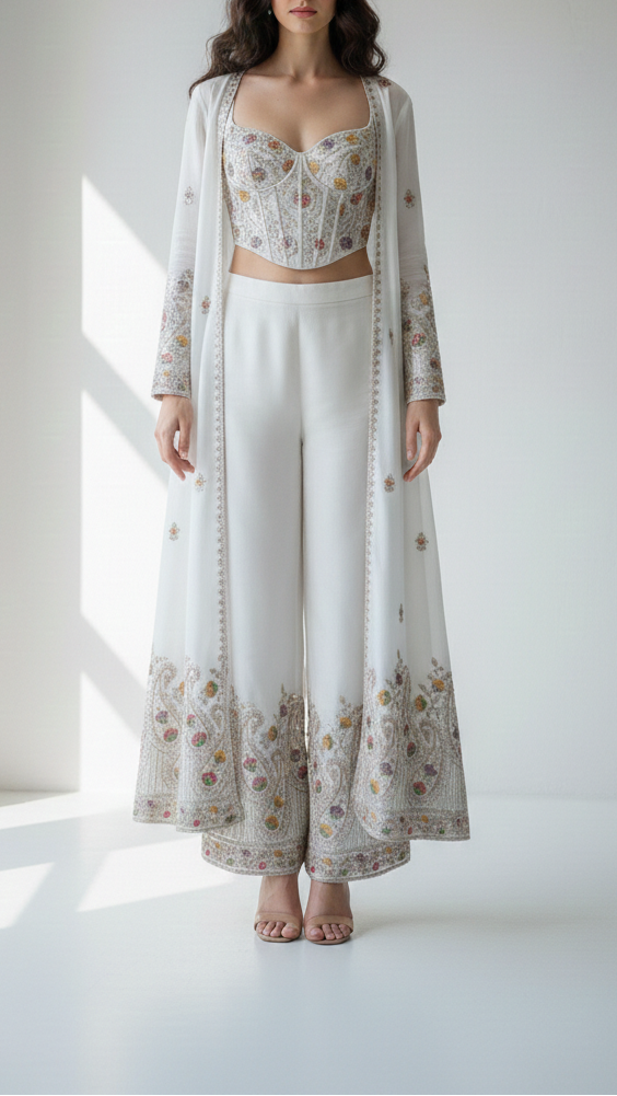 White Dyeable Crepe Fabric With All Over Buti Of Zari, Sequins, Thread And Katdana Work With One Side Border 21678