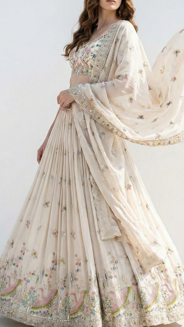 White Georgette Dyeable Fabric With All Over Bead, Katdana, Sequins, Zari And Thread Work With One Side Bird Motif Border 21194