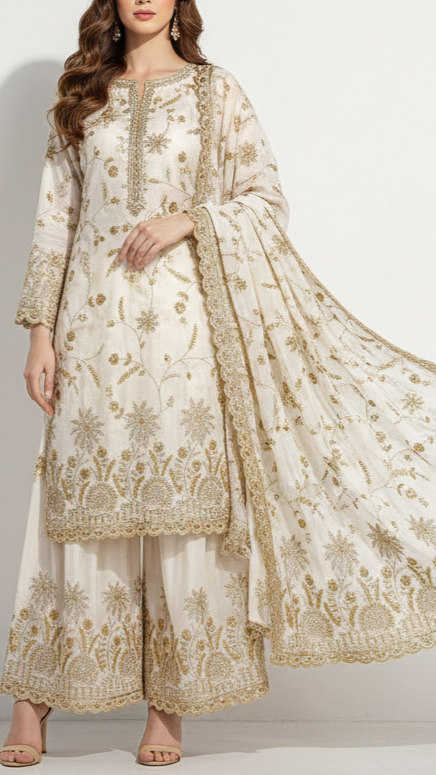 White Dyeable Silk Fabric With All Over Beads, Katdana, Sequins And Zari Work With One Side Scalloped Border 21495