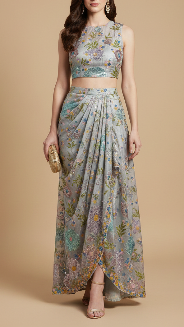 Grey Crepe Fabric With All Over Thread, Zari And Sequins With One Side Border 20373