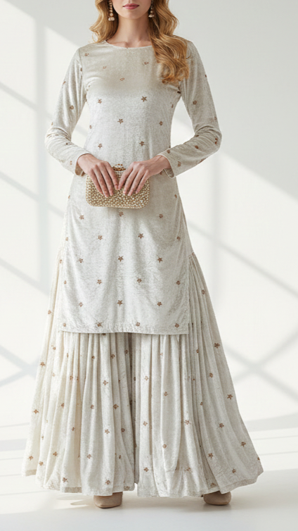 White Velvet Fabric With All Over Buti of Katdana And Bead Work 21107