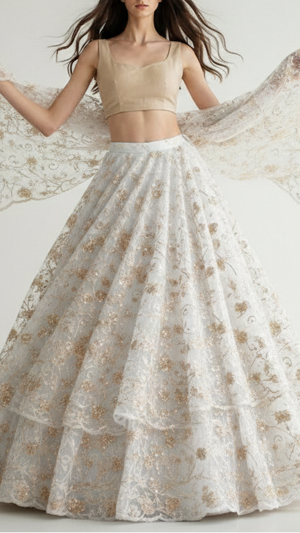 White Dyeable Net Fabric With All Over Sequins, Thread And Katdana Work 21447