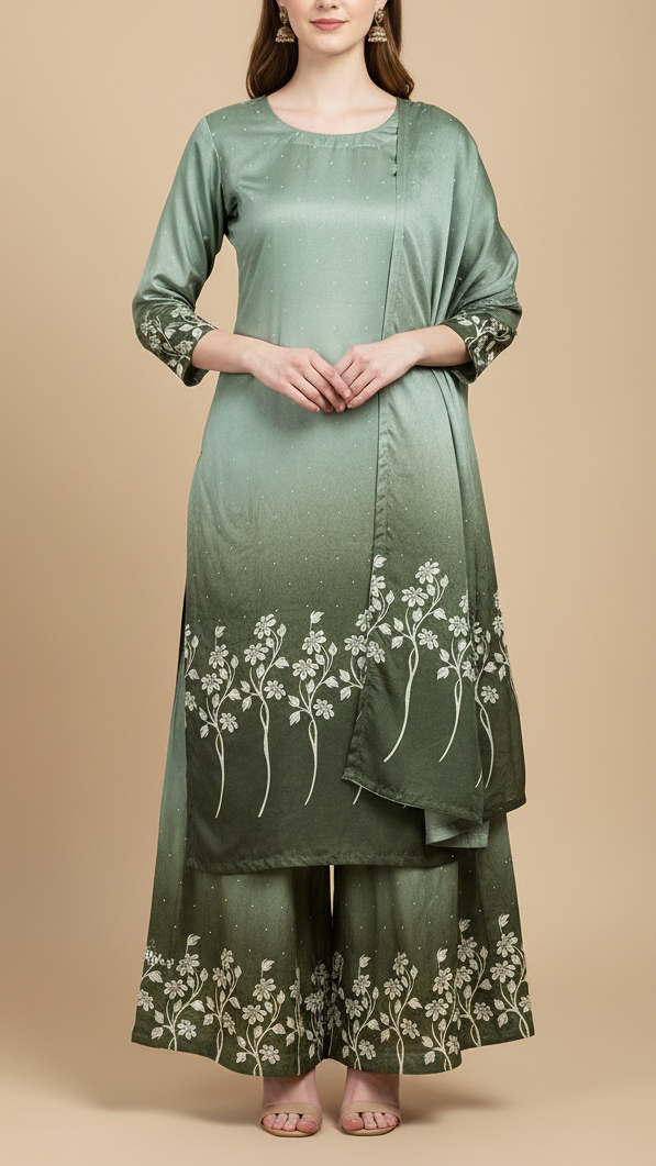 Olive Green Silk Fabric With All Over Ombre Shade And Floral Print With Bead And Sequins Work 19967