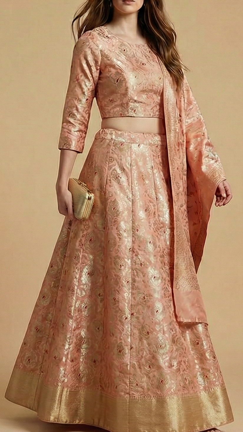 Peach Pink Pure Banarasi Brocade Fabric With All Over Thread And Golden Zari Handloom 19237