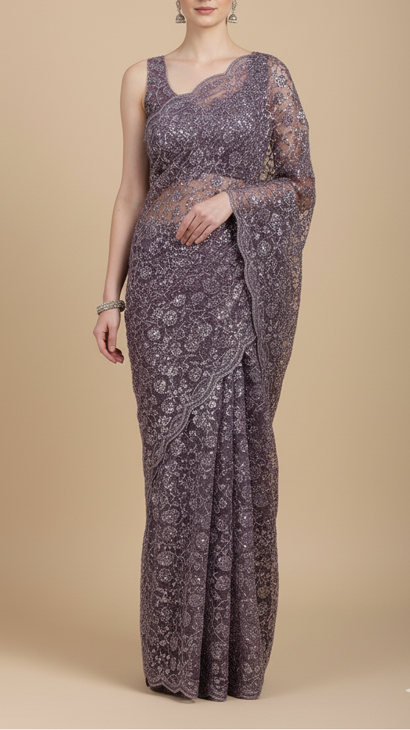 Graphite Purple Imported Net Fabric with Allover Bead, Sequins and Katdana Work 19713