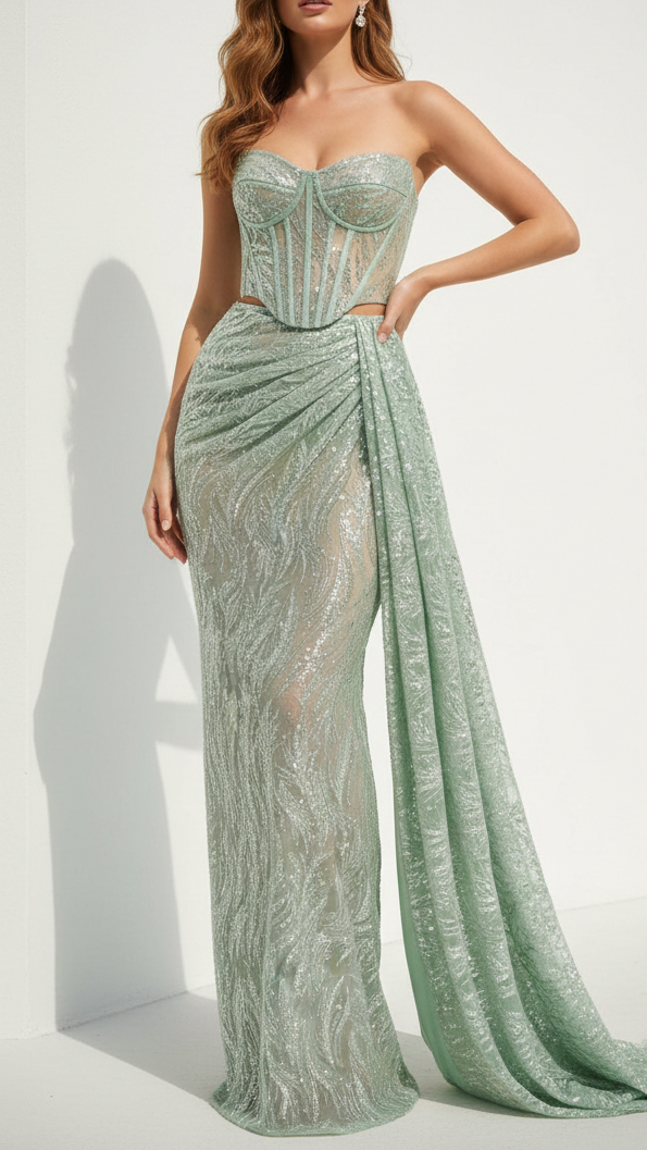 Sea Green Imported Net Fabric With All Over Sequins And Beads Work 22085