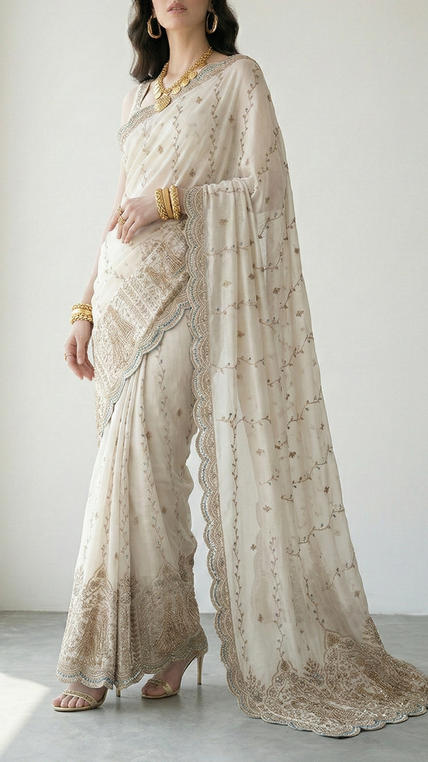 White Dyeable Dola Silk Fabric With All Over Zari, Sequins, Bead And Katdana Work With One Side Scalloped Border 21963