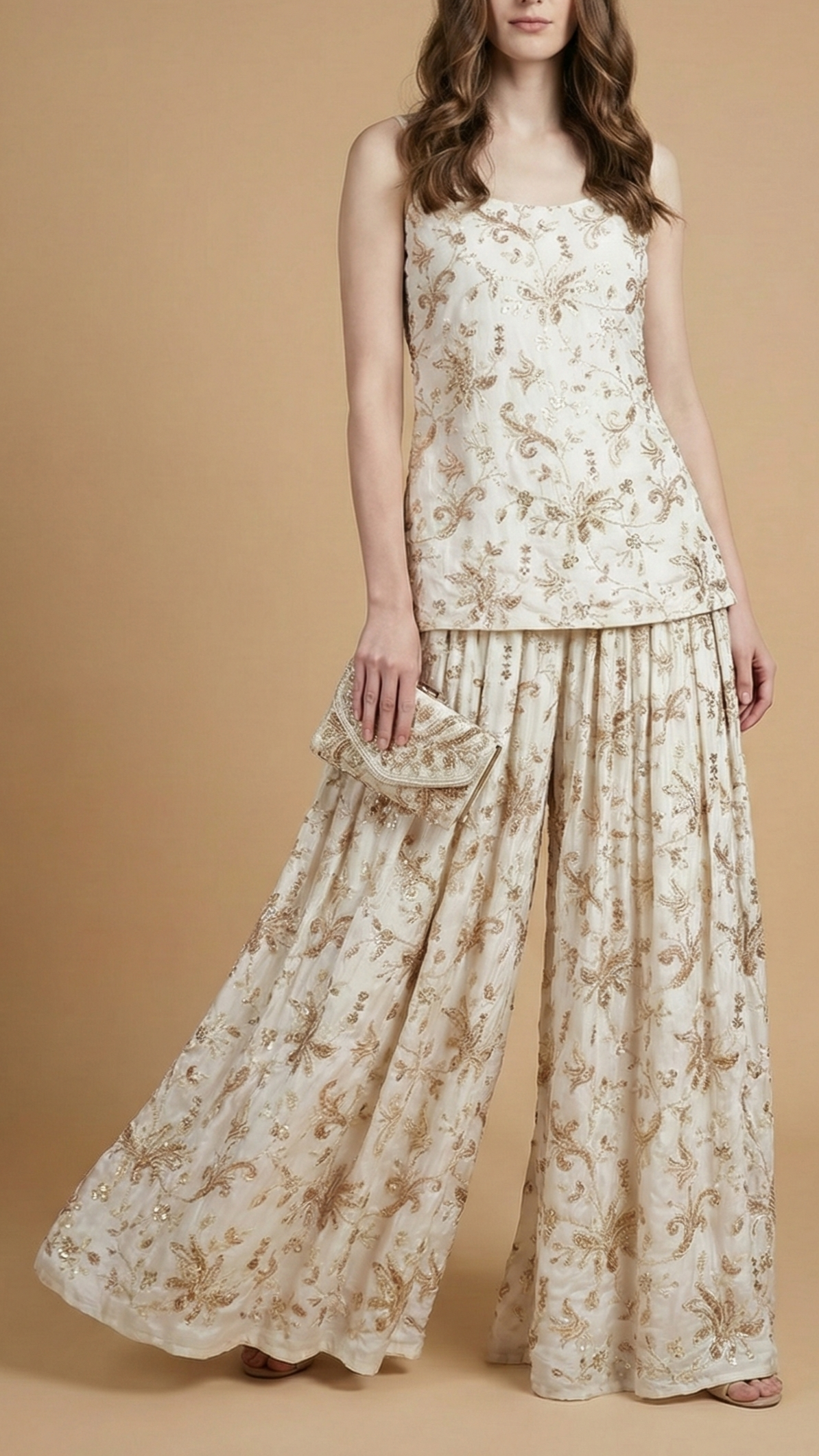 White Dyeable Crepe Fabric With All Over Sequins, Katdana And Bead Work 20547