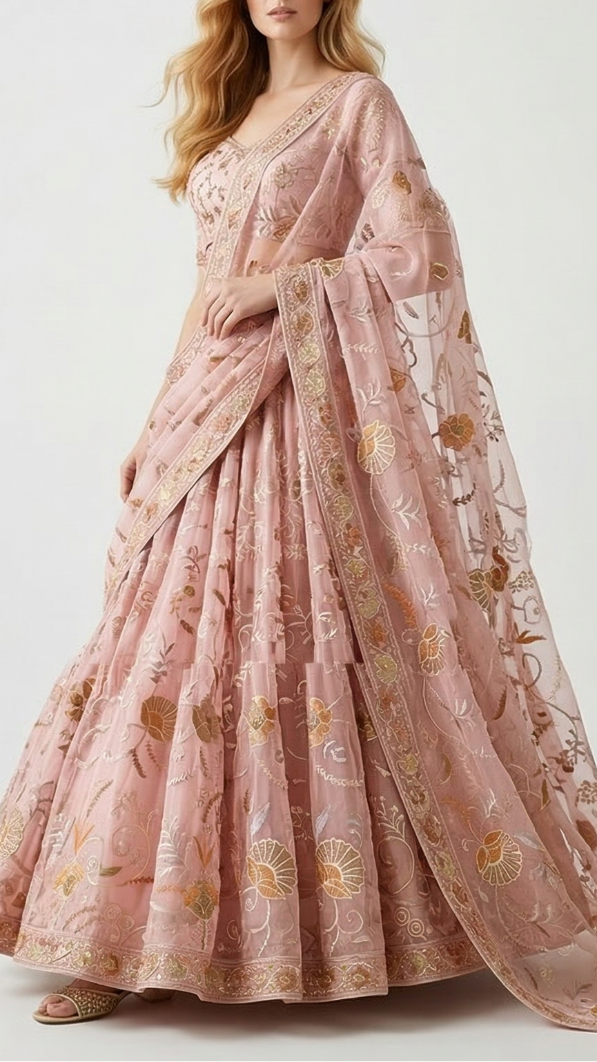 Light Pink Organza Fabric with All Over Thread Work 15156