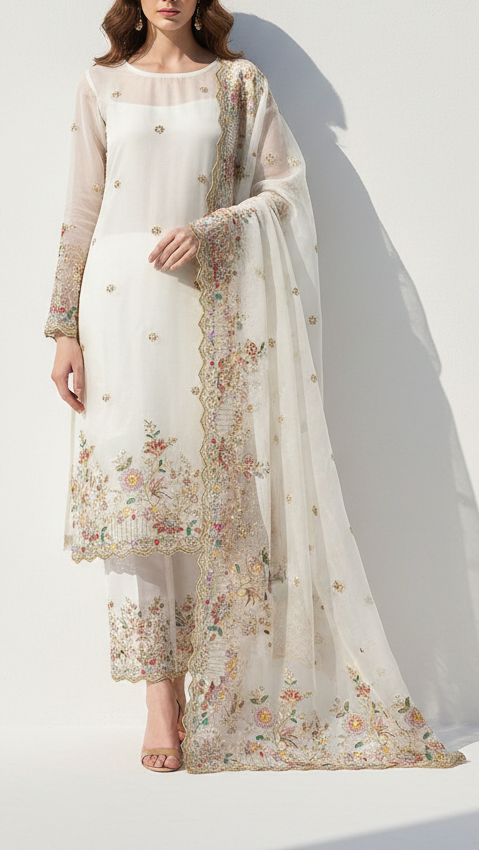 White Dyeable Georgette Fabric With All Over Buti Of Sequins, Katdana And Bead Work With One Side Border 21721