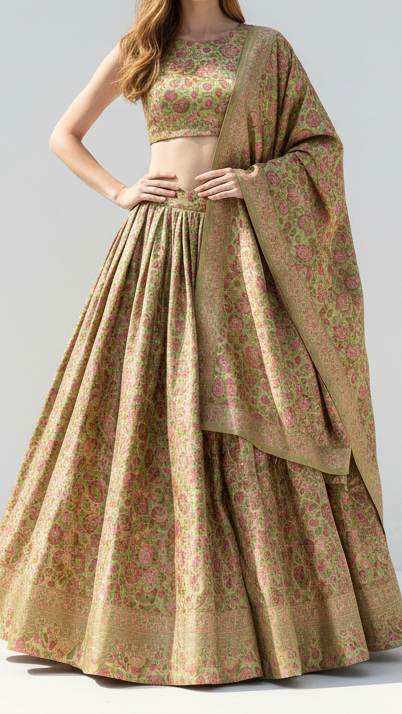 Pista Green Banarasi Brocade Fabric With All Over Thread And Zari Handloom 20798