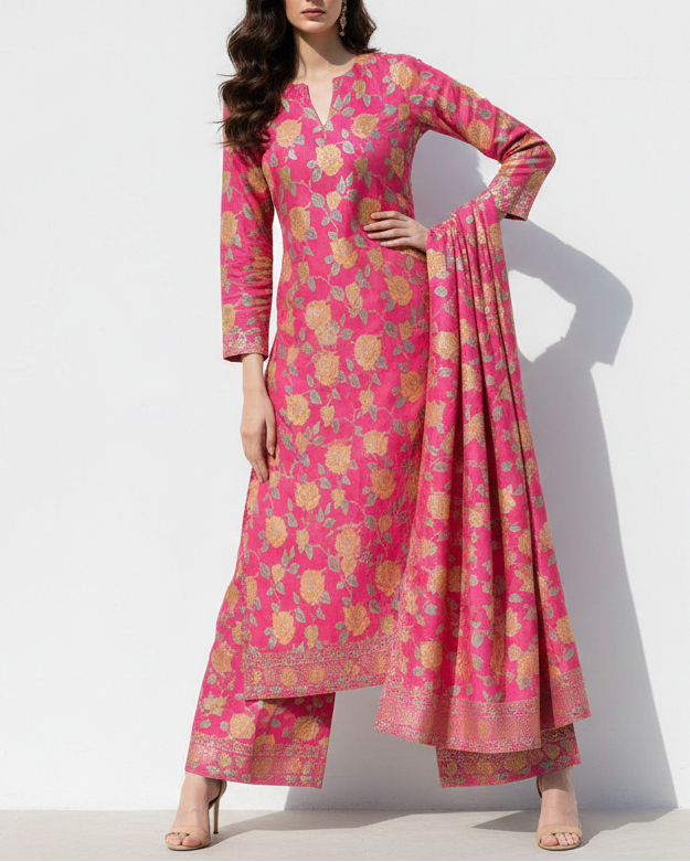 Barbie Pink Banarasi Brocade Fabric With All Over Thread And Zari Handloom 21476