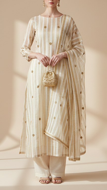 The Noor - White Organza Tissue Fabric With Buti of Sequins and Beads | 12214