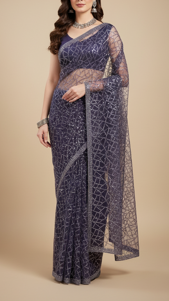 Graphite Purple Imported Net Fabric with Allover Sequins and Bead Work with One-Side Border 19718