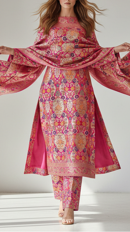 Rani Pink Pure Banarasi Brocade Fabric With All Over Thread And Zari Handloom 21524