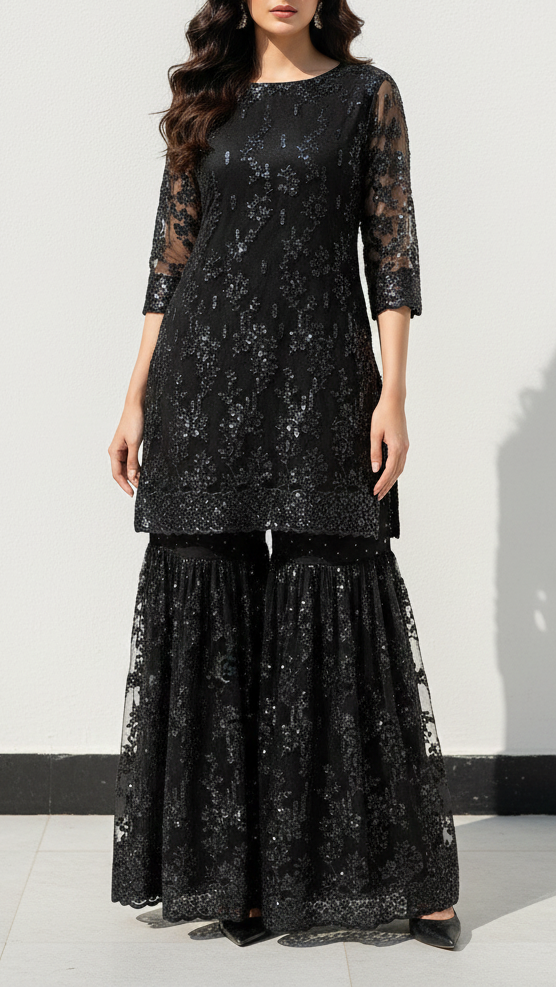 Black Imported Net Fabric With All Over Katdana, Bead And Sequins Work With One Side Scalloped Border 22038