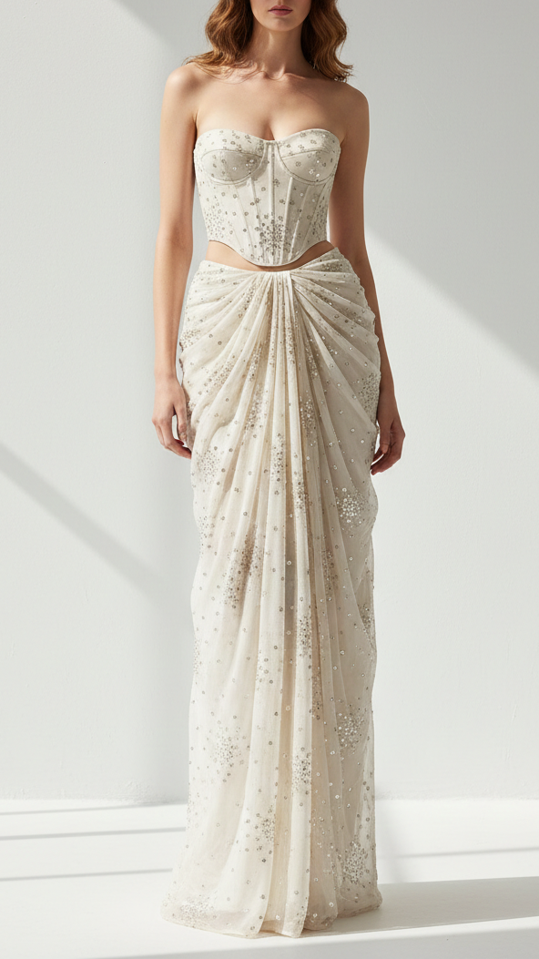 White Dyeable Organza Fabric With All Over Sequins And Katdana Work 21930