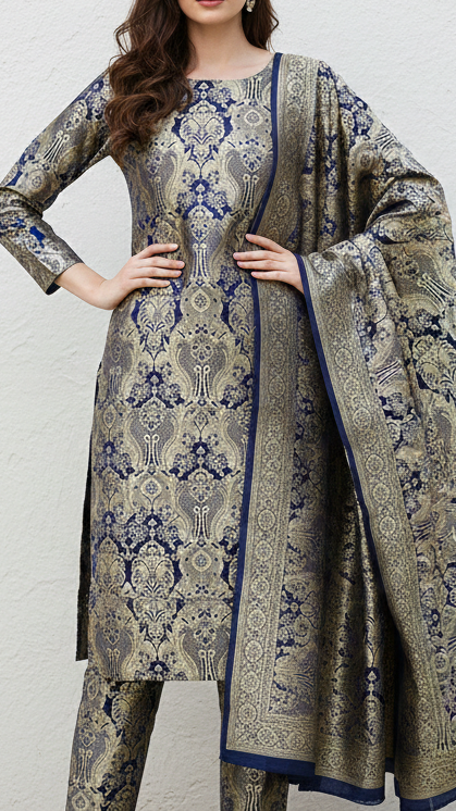 Navy Blue Banarasi Brocade Fabric With All Over Thread And Zari Handloom 21284