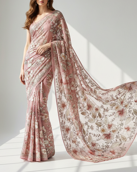 Rosy Brown Imported Net Fabric With All Over Sequins, Bead, Katdana And Ribbon Work 22103