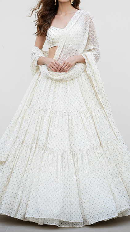 White Dyeable Georgette Fabric With All Over Zari, Sequins And Thread Work 21960