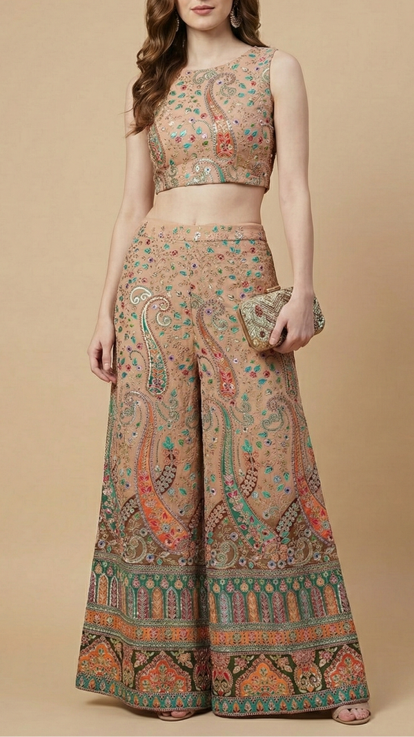 Brown Crepe Fabric With All Over Zari And Sequins Work With One Side Border 20466