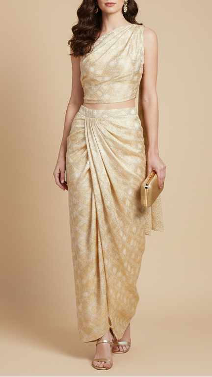 White Organza Tissue Fabric With All Over Golden Zari Handloom 20576
