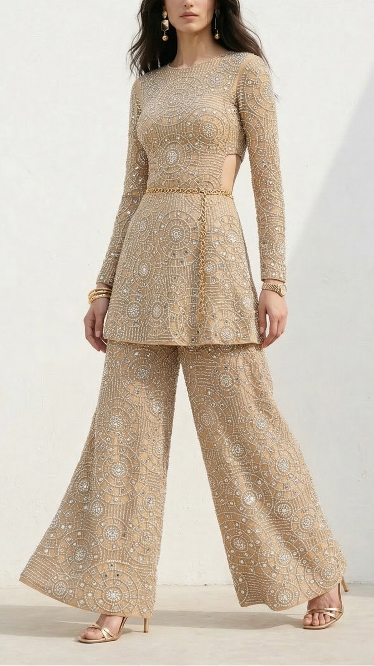 Golden Imported Net Fabric With All Over Zari, Bead, Faux Mirror, Katdana And Cutwork 21999
