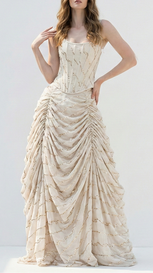 The Noor - White Dyeable Organza Fabric With All Over Sequins And Bead Work | 21393