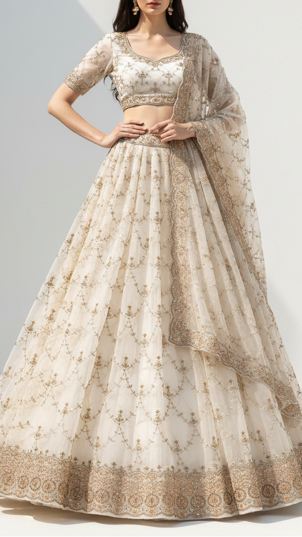 White Dyeable Georgette Fabric With All Over Katdana, Zari, Bead And Sequins Work With One Side Border 20861
