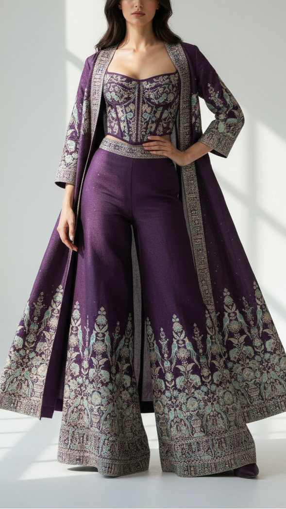Purple Georgette Fabric With Allover Sequins And Thread Work With One Side Heavy Border 16187