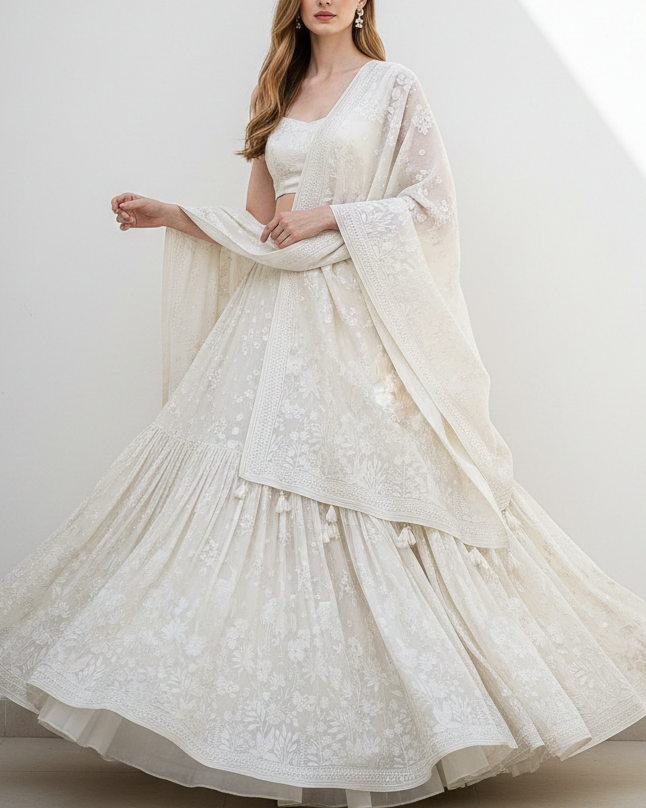 White Dyeable Silk Fabric With All Over Thread And Sequins Work With One Side Bird Motif Border 21584