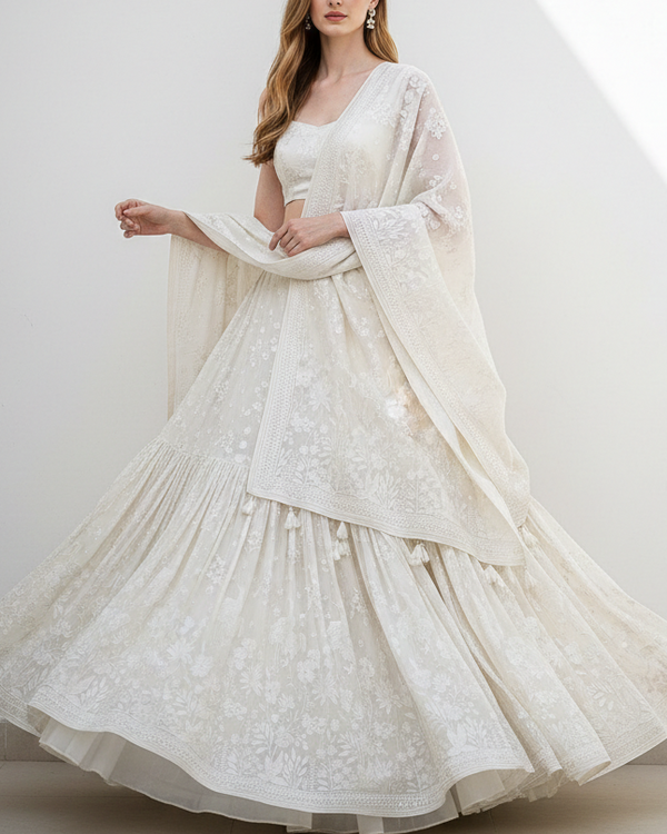 White Dyeable Silk Fabric With All Over Thread And Sequins Work With One Side Bird Motif Border 21584