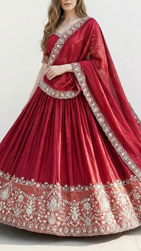 Maroon Tissue Fabric with Heavy Border of Zari and Sequins Work  20911