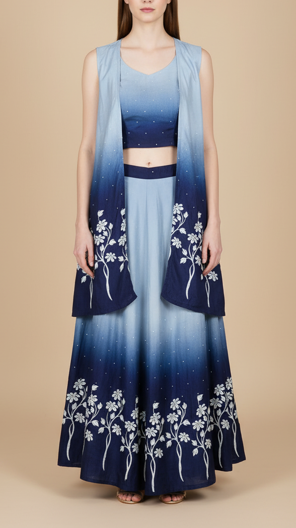 Navy Blue Silk Fabric With All Over Ombre Shade And Floral Print With Bead And Sequins Work 19964