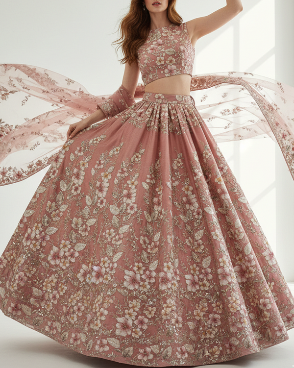 Rosy Brown Imported Net Fabric With All Over Sequins, Bead, Katdana And Ribbon Work 22103
