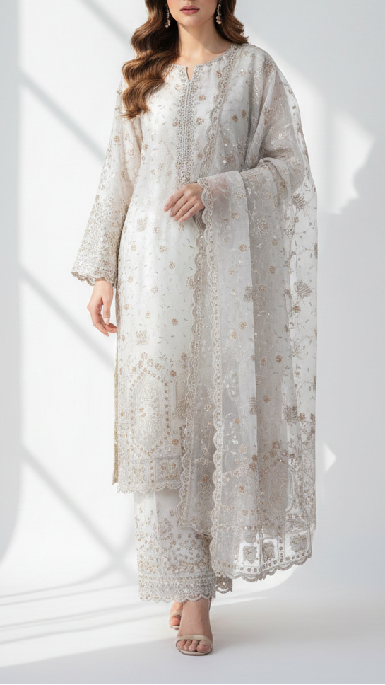 White Dyeable Georgette Fabric With All Over Katdana, Sequins, Zari And One Side Net Cutwork Border 19004